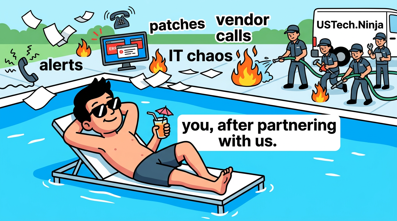 Relaxed IT guy by the pool while USTech.Ninja handles alerts, patches, vendor calls, and IT chaos in the background