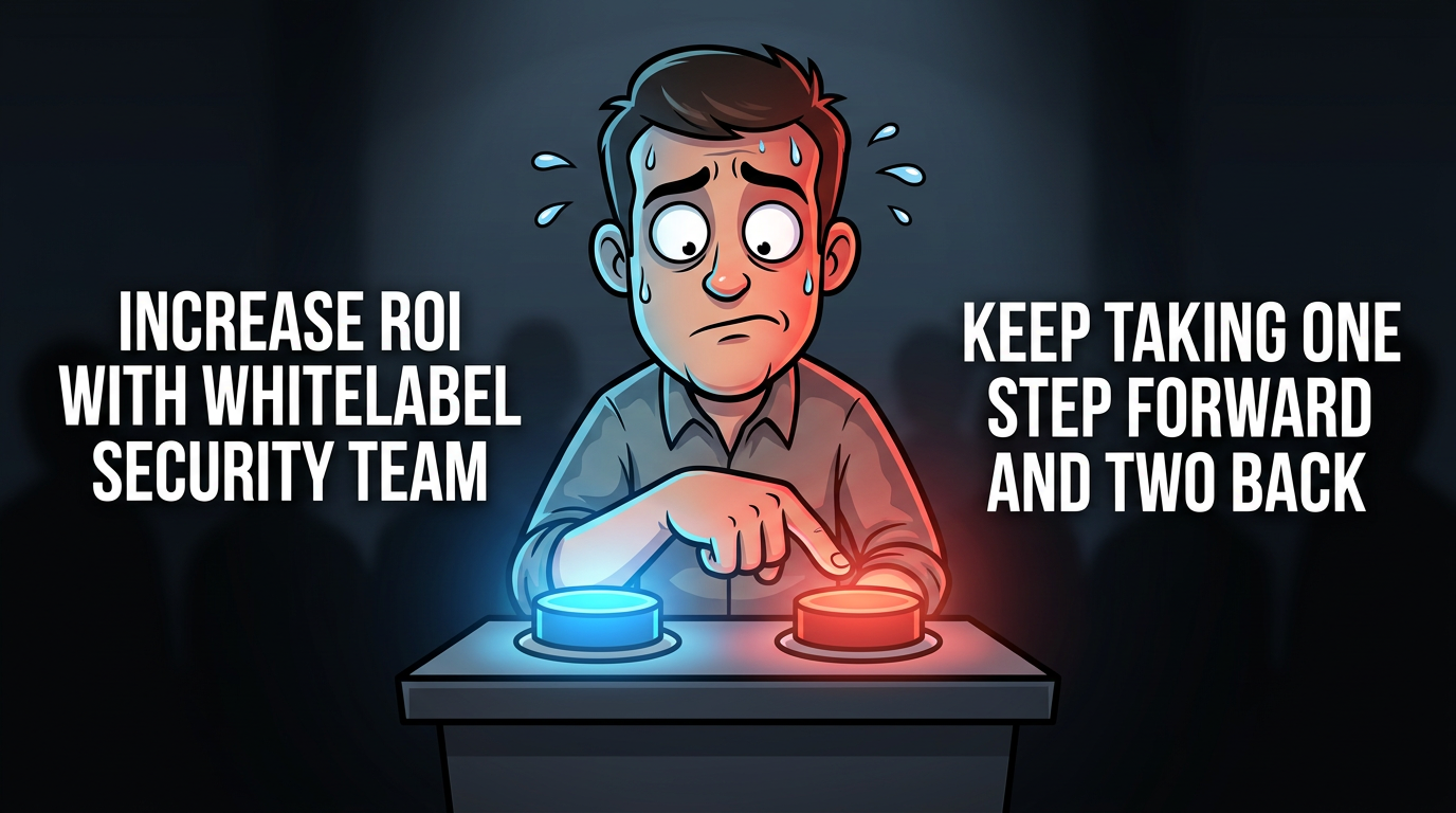 Two buttons meme — sweating IT guy choosing between 'Increase ROI with whitelabel security team' and 'Keep taking one step forward and two back'