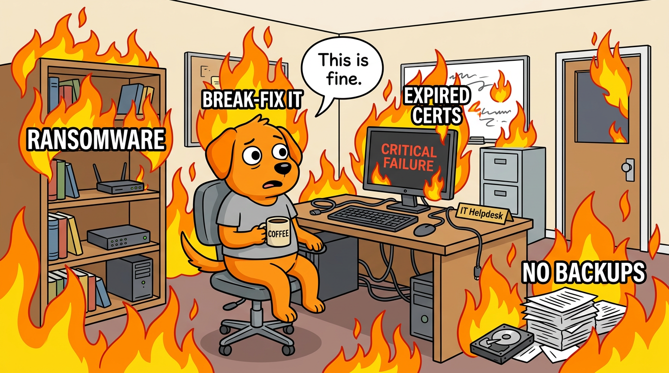 This Is Fine meme — a dog sitting in a burning room labeled with break-fix IT problems like ransomware, expired certs, and no backups